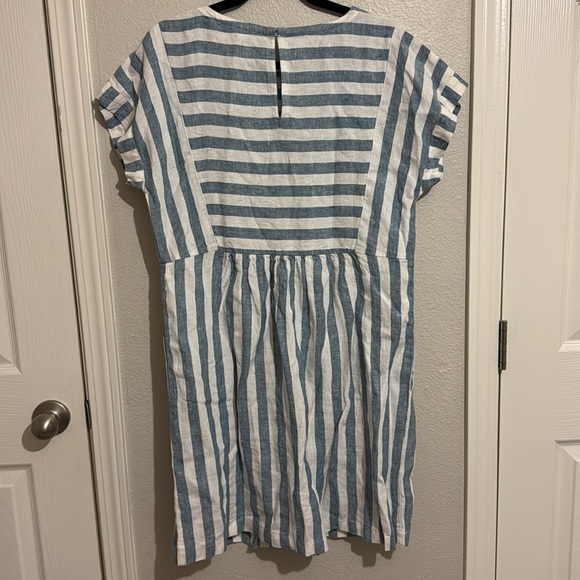 Garnet Hill Seamed Linen Popover Dress Striped White Blue Short Sleeve - Picture 6 of 7